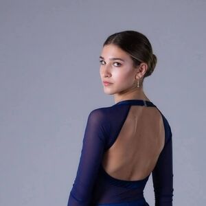 Elegant Navy Blue Open-Back Leotard with mesh Sleeves and Body Detail